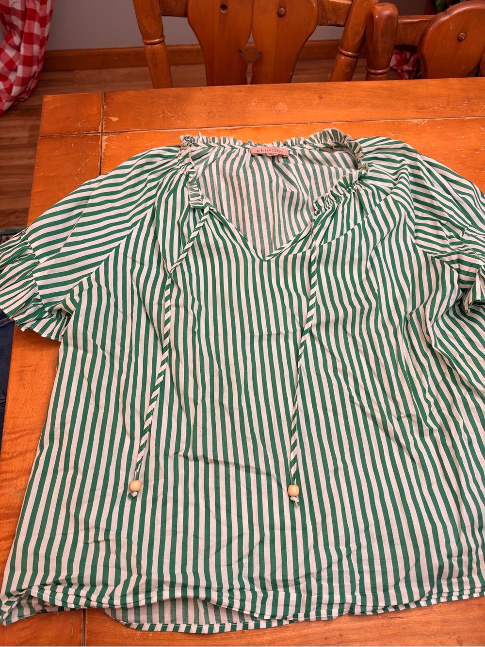 Philosophy Green and White Striped Tie-Neck Blouse